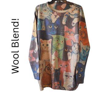 Cat Print, Wool Blend Long Sleeve Super Soft Sweater, Orange, Black, Blue, Green